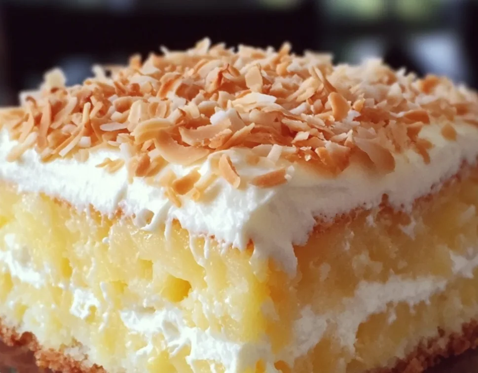 A close-up photo of a square slice of cake with a yellow crumbly base, white creamy frosting, and a generous topping of…