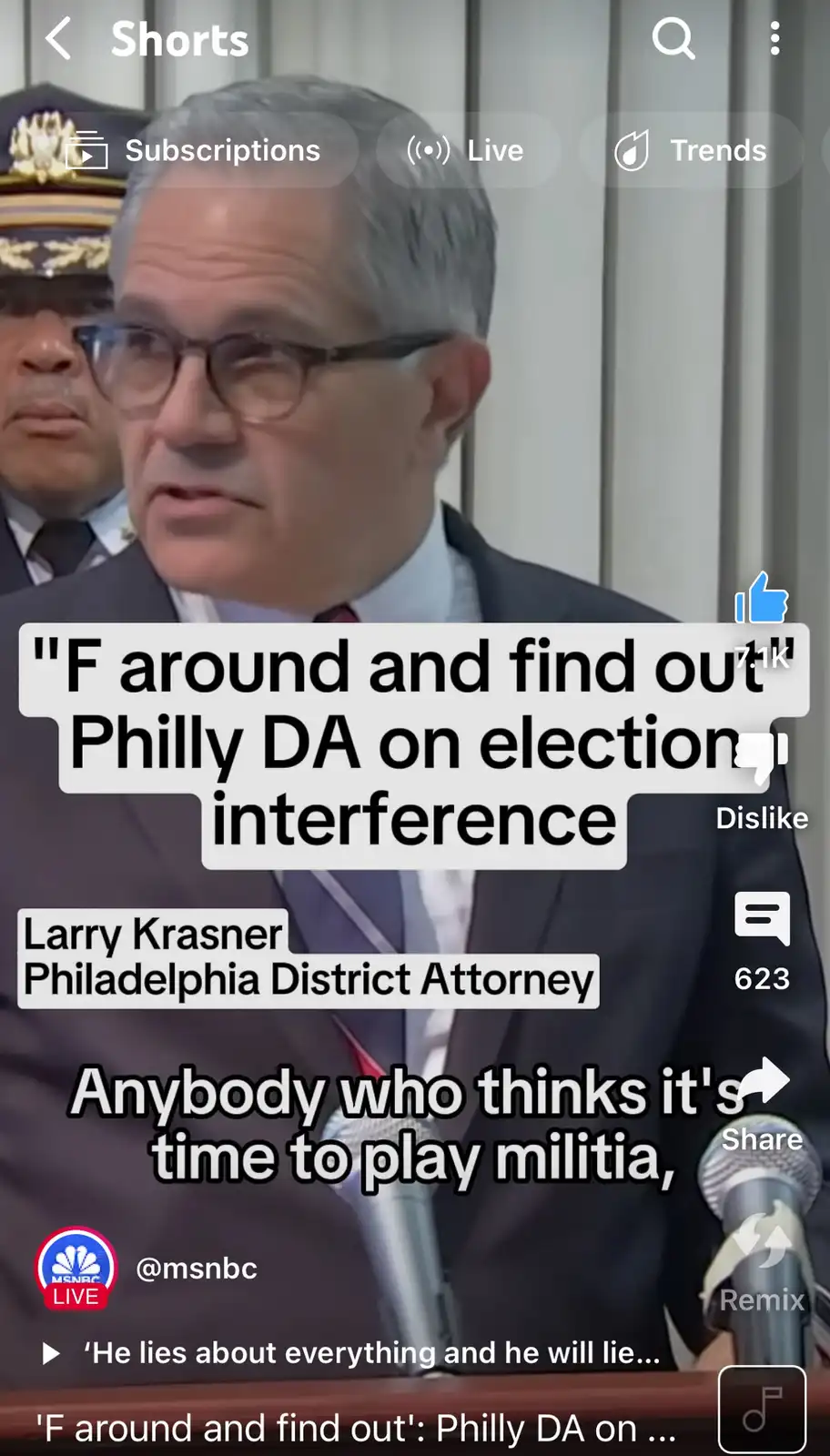 A screenshot from an MSNBC live stream shows Larry Krasner, identified as Philadelphia District Attorney, speaking at a…