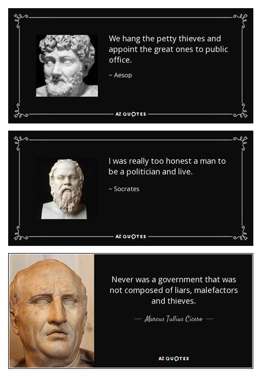 Three stacked quote cards from AZ Quotes, each featuring a classical bust and a cynical political quote attributed to Aesop…