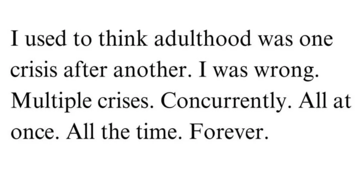 The image displays black serif text on a plain white background. The text reads: 'I used to think adulthood was one crisis…