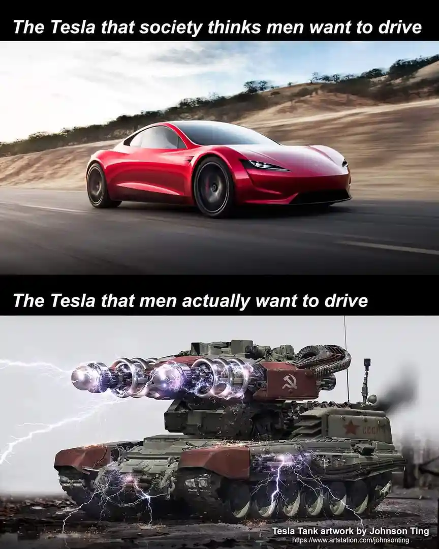 The image is a two-panel meme. The top panel shows a sleek, red Tesla Roadster speeding on a desert road with the text 'The…