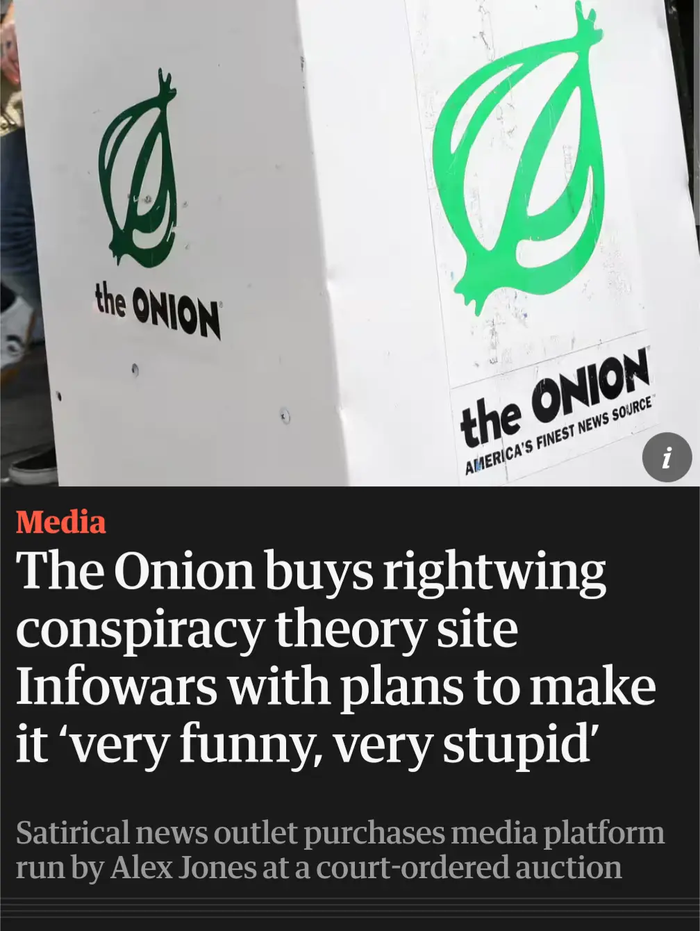 The image shows two white signs with 'the ONION' logo, one in green and one in black, with the text 'AMERICA'S FINEST NEWS…