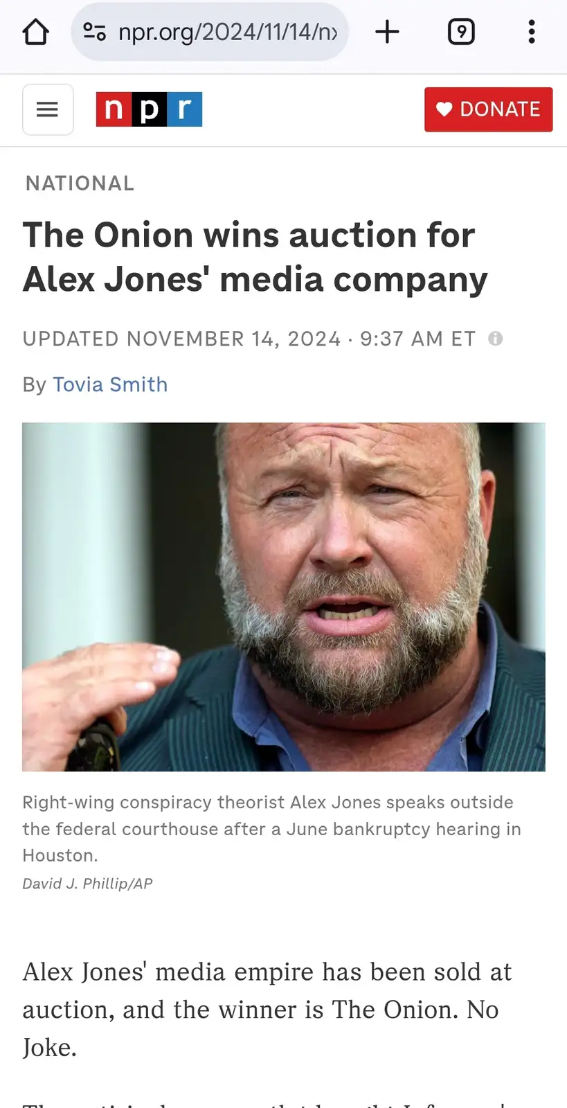 A screenshot of an NPR news article from November 14, 2024, with a photo of Alex Jones looking distressed. The headline…