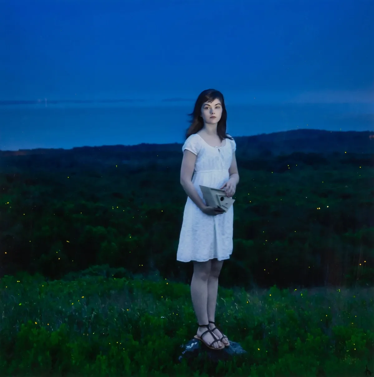 A young woman in a white dress stands in a field at dusk, holding a birdhouse, surrounded by glowing fireflies. The overlaid…