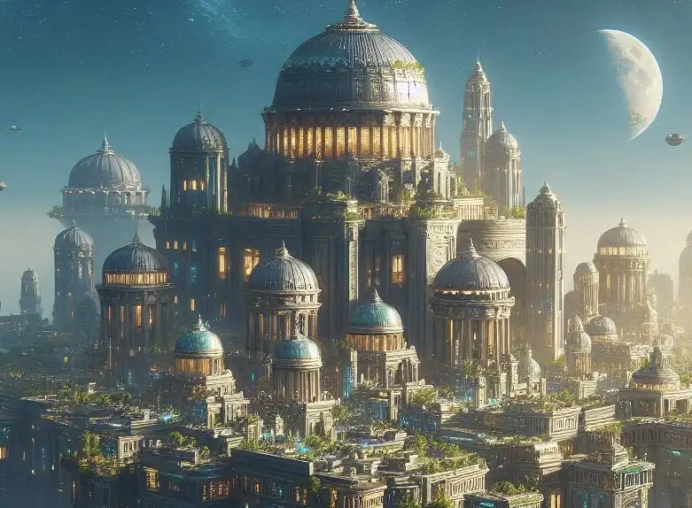 A grand, futuristic cityscape with domed buildings and flying vehicles under a starry sky with a large moon. Overlaid text…