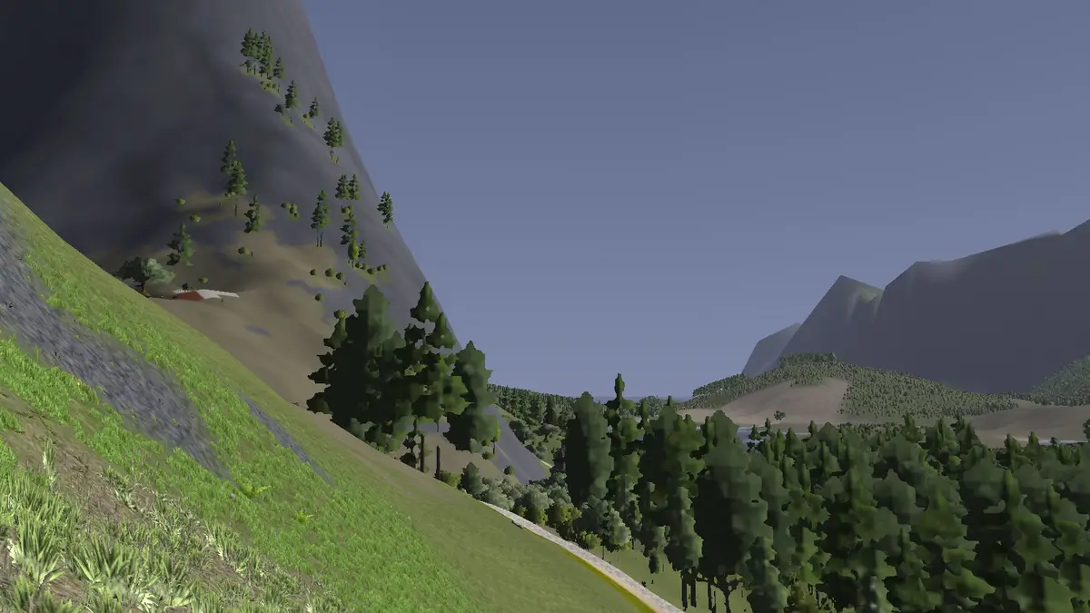 A screenshot from a low-polygon video game showing a mountainous landscape with green hills, trees, and distant peaks under…