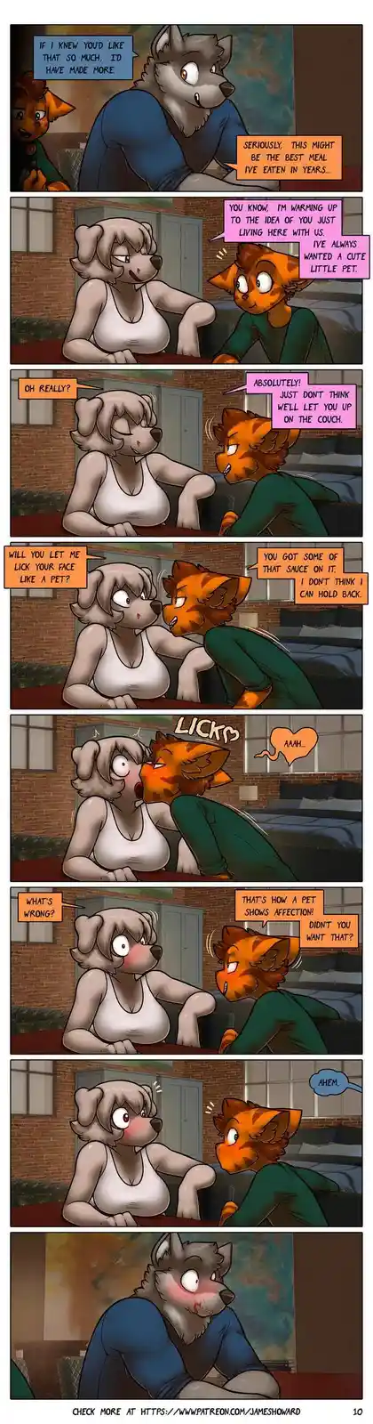 A comic strip featuring anthropomorphic animal characters in a domestic setting. An orange cat-like character…
