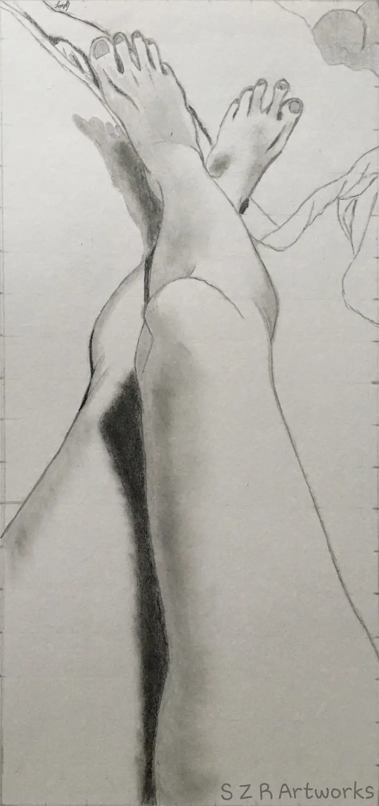 A pencil sketch of a person's legs and feet, with the feet crossed and raised, showing detailed shading and anatomy. The…