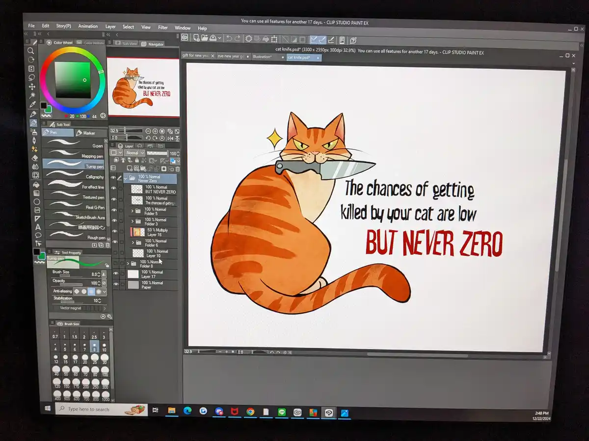 A screenshot of the Clip Studio Paint EX software shows a cartoon illustration of an orange tabby cat holding a knife in its…
