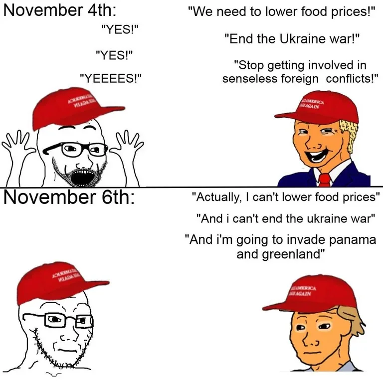 A four-panel meme shows two cartoon men wearing red MAGA hats. On November 4th, the left man cheers enthusiastically while…