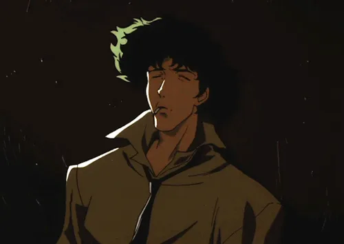 A six-panel anime sequence shows a man with dark curly hair and a brown jacket in a dark, rainy setting. In the top three…