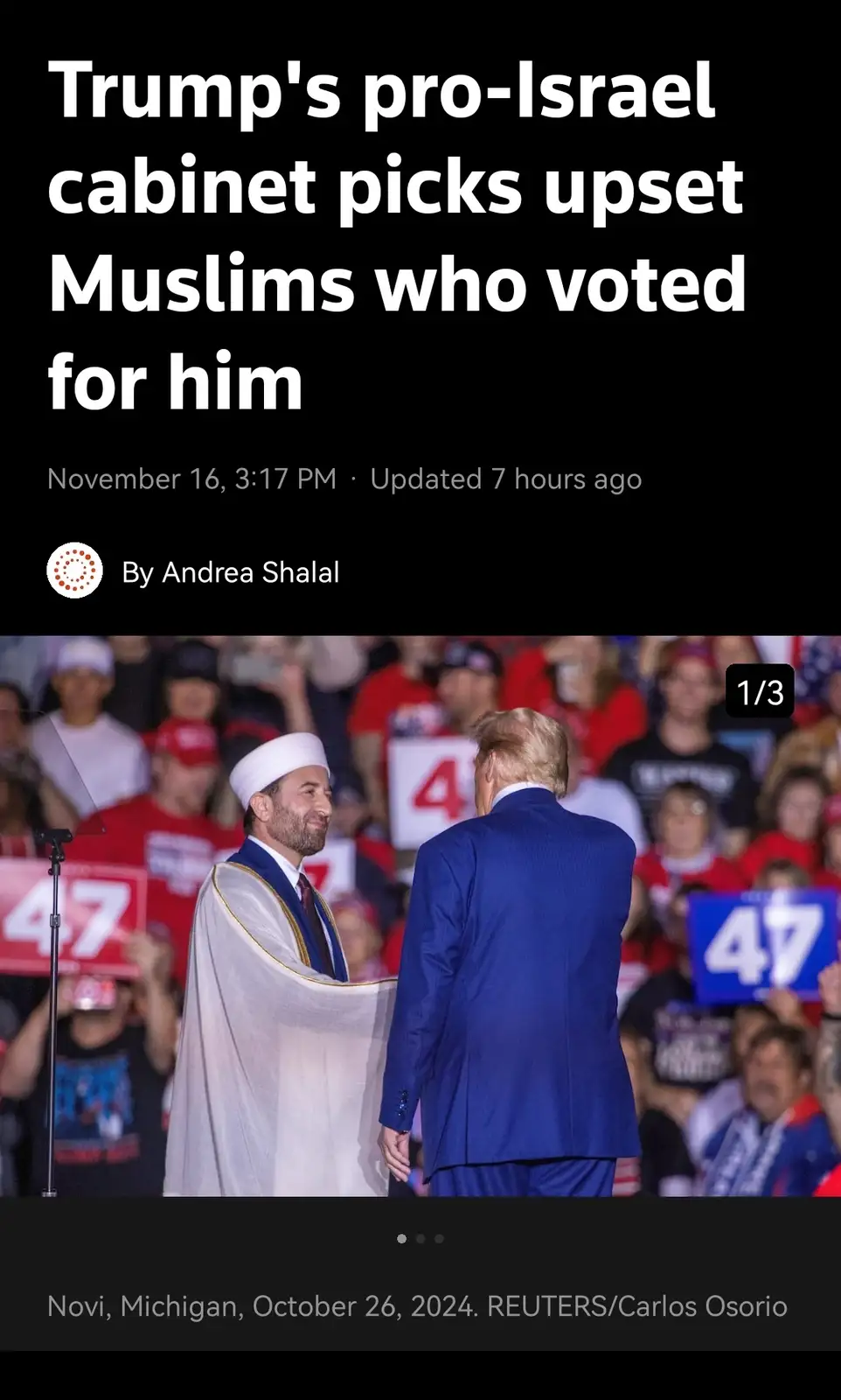 The image shows Donald Trump in a blue suit facing away from the camera, shaking hands with a Muslim man wearing a white…