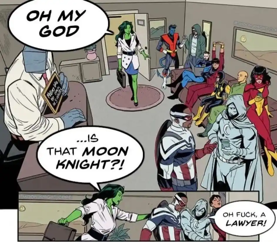 A comic panel shows a green-skinned woman in a white blazer and skirt entering a room full of superheroes. A masked man at a…