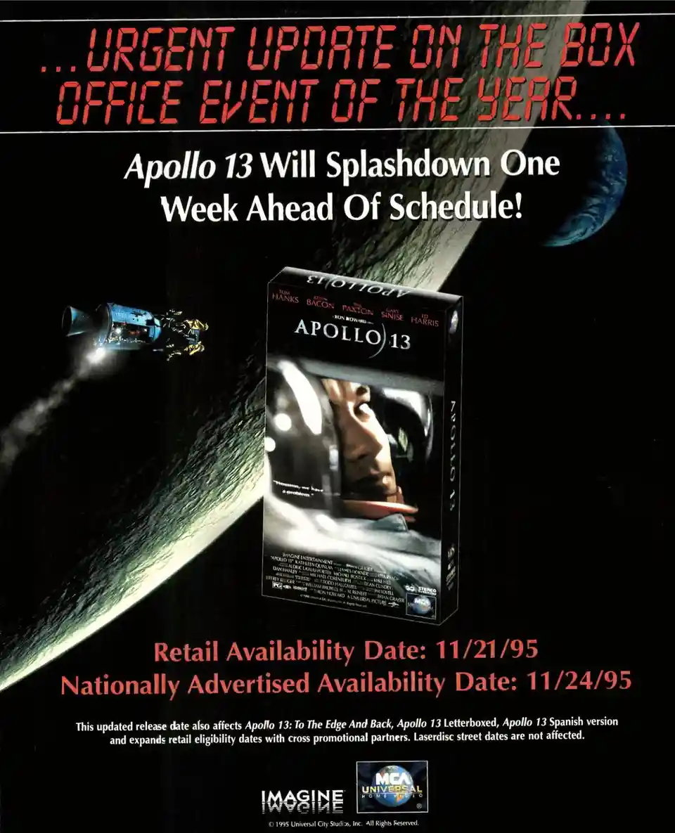 A vintage 1995 VHS advertisement for the movie 'Apollo 13' features a space scene with the spacecraft and Earth in the…