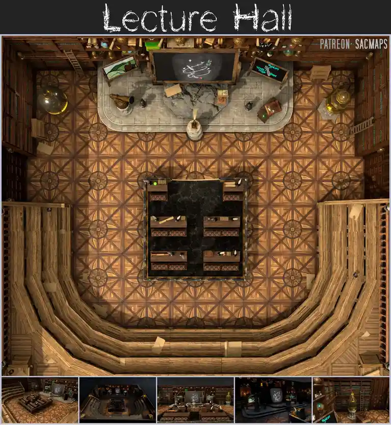 An overhead view of a grand, ornate lecture hall with wooden tiered seating surrounding a central stage area. The stage…