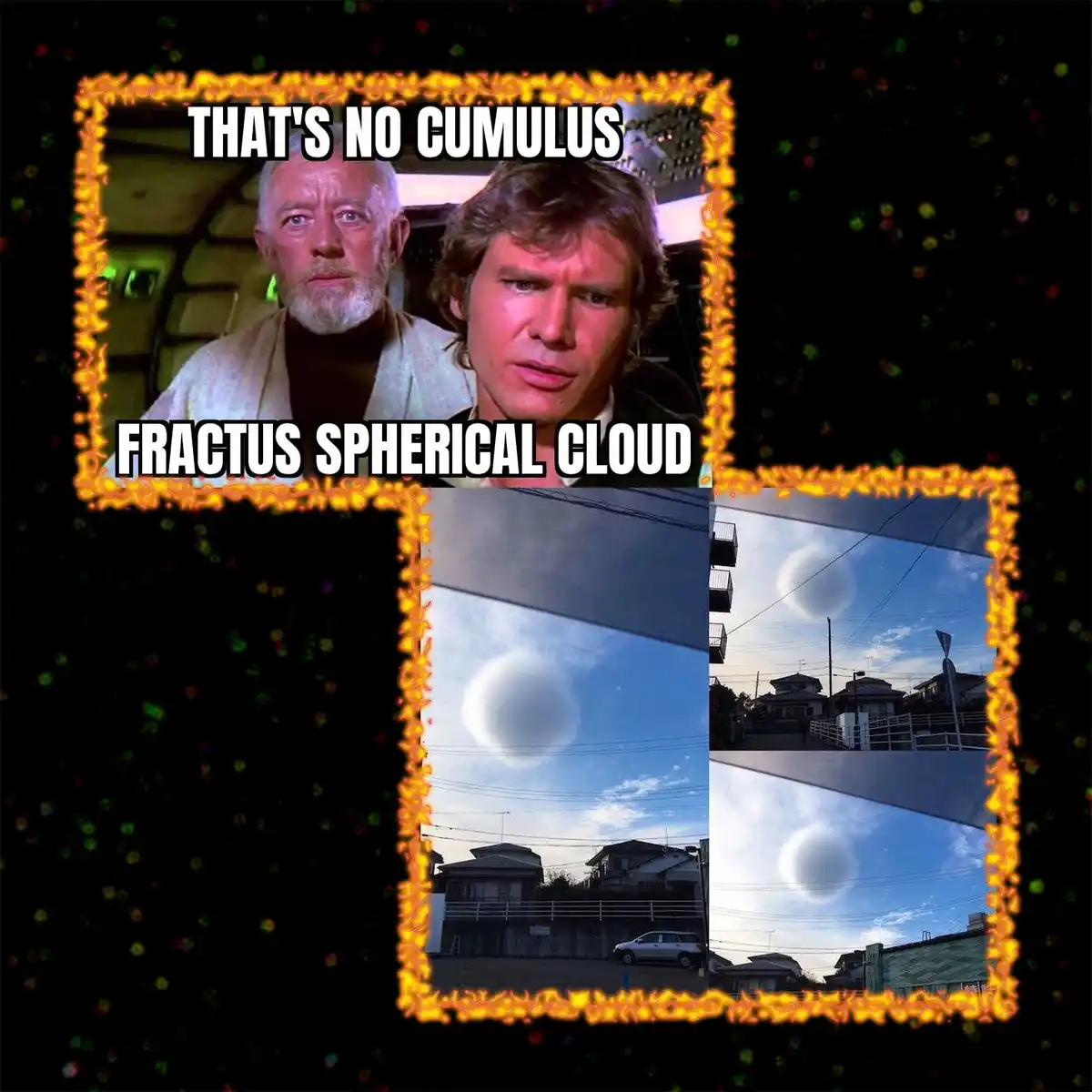 The image features two panels with fiery borders. The top panel shows Obi-Wan Kenobi and Han Solo from Star Wars looking…