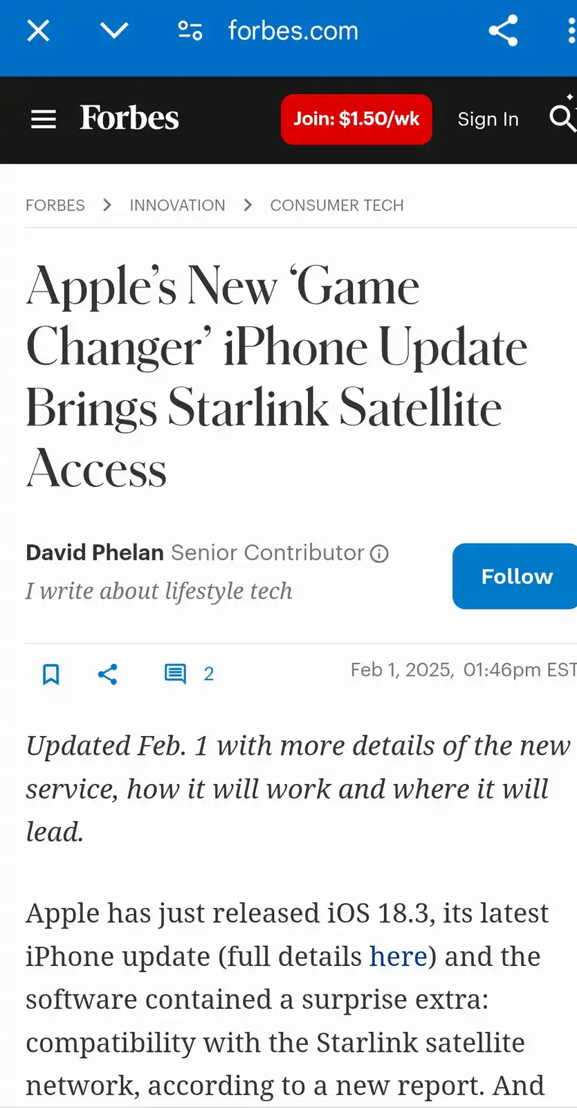 A screenshot of a Forbes.com article titled 'Apple's New 'Game Changer' iPhone Update Brings Starlink Satellite Access'…