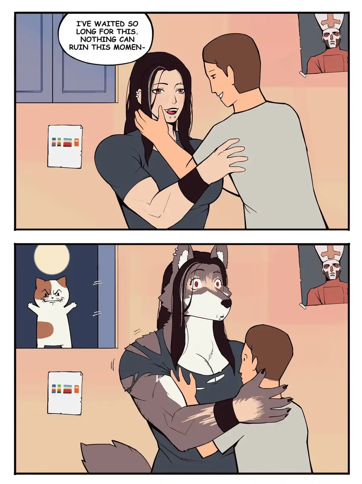 A two-panel comic shows a woman in a romantic embrace with a man, saying 'I'VE WAITED SO LONG FOR THIS. NOTHING CAN RUIN…