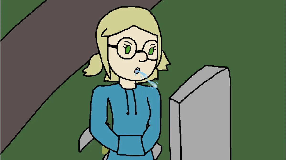 A cartoon woman with blonde hair, glasses, and a blue hoodie stands beside a gray tombstone, visibly crying with tears…