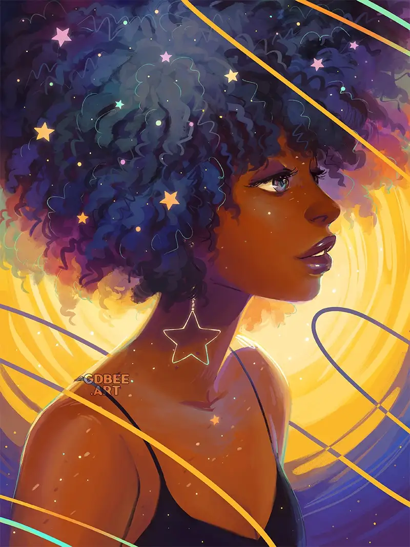 A stylized digital illustration of a Black woman in profile, her voluminous afro hair filled with glowing stars and cosmic…