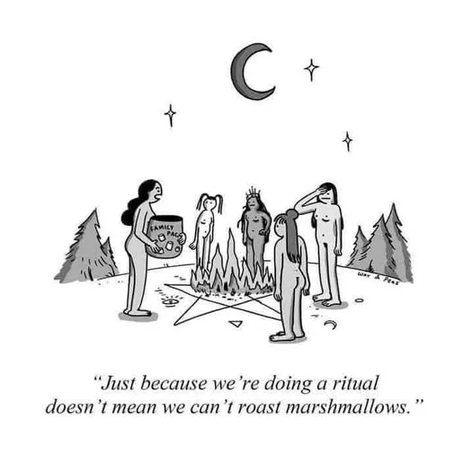 A black-and-white cartoon depicts five nude women gathered around a campfire under a crescent moon and stars. One woman…