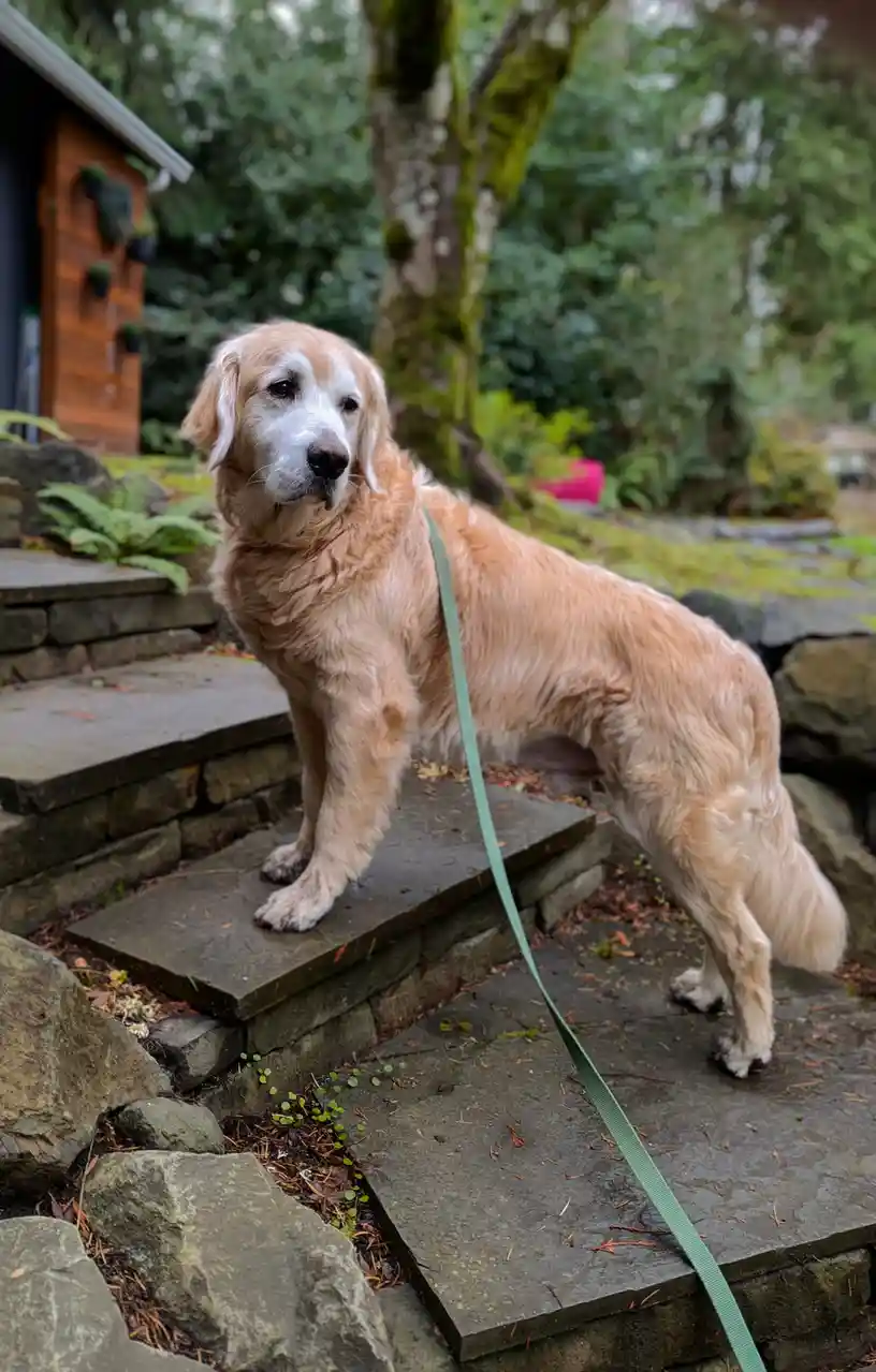 A golden retriever with a white muzzle and a green leash stands on stone steps in a mossy, wooded backyard. The dog looks…
