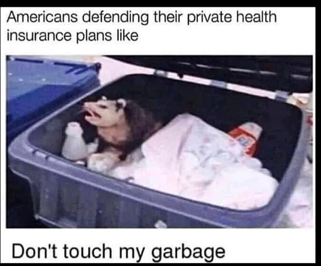 An image of an opossum curled up and growling defensively inside a blue plastic garbage bin, surrounded by trash. The text…