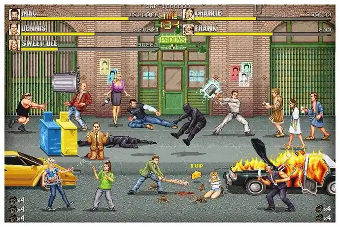 A chaotic pixel-art scene from the video game 'Paddy's Pub' shows multiple characters engaged in violent, surreal actions…