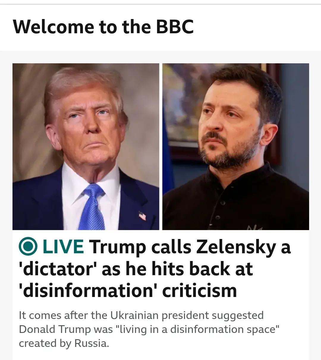 The image shows a split-screen BBC news graphic with photos of Donald Trump on the left and Volodymyr Zelenskyy on the…