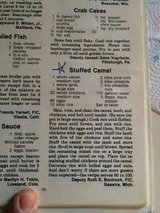 A scanned page from a cookbook or recipe book showing a recipe titled 'Stuffed Camel' with absurdly large ingredient…