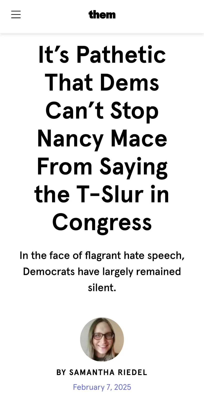 The image displays a screenshot of a news article from 'them' with a large headline in bold black text reading 'It's…