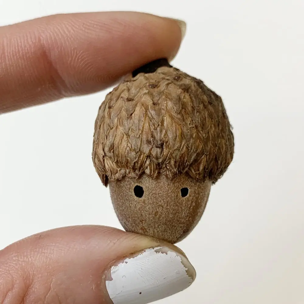 A close-up photo shows a person's fingers holding a small acorn that has been modified to look like a face, with two small…