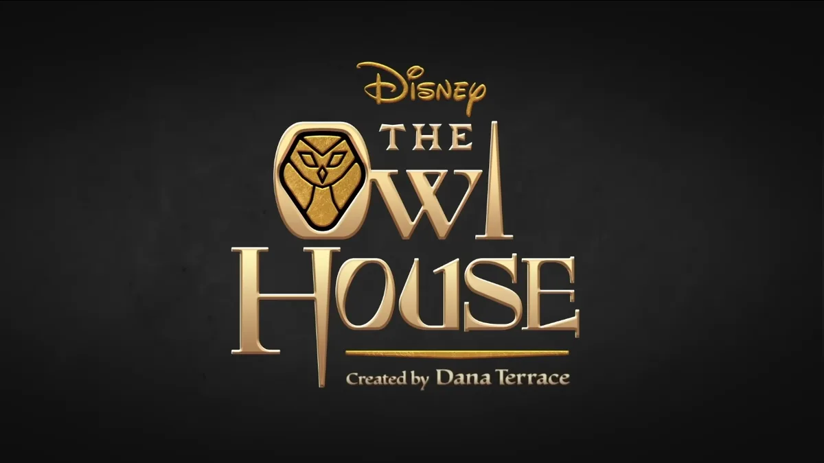 The image displays the official golden logo for Disney's animated series 'The Owl House,' featuring the show's title in…