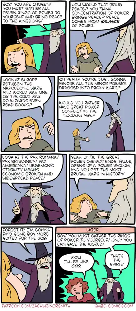 A comic strip depicts a wizard telling a young boy he must gather all seven rings of power to bring peace, but the boy…