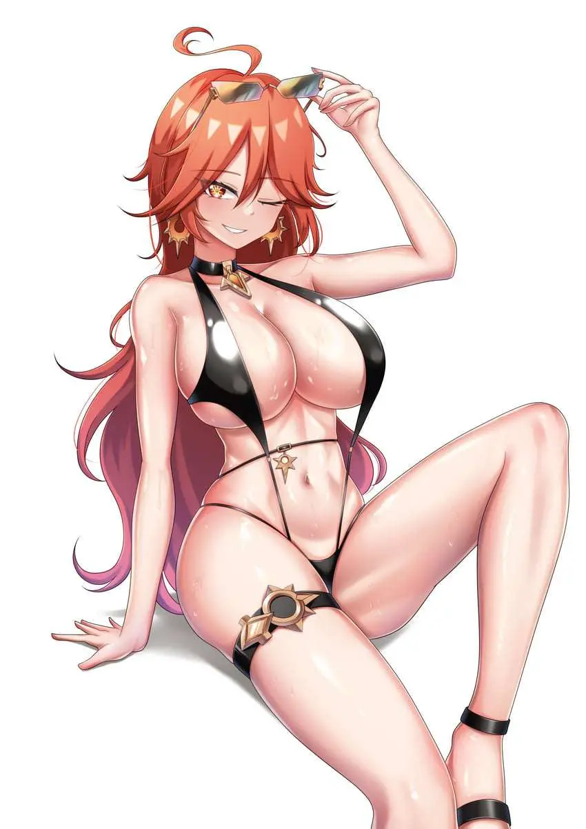 An anime-style illustration of a woman with long orange hair and star-shaped earrings, wearing a black string bikini with…