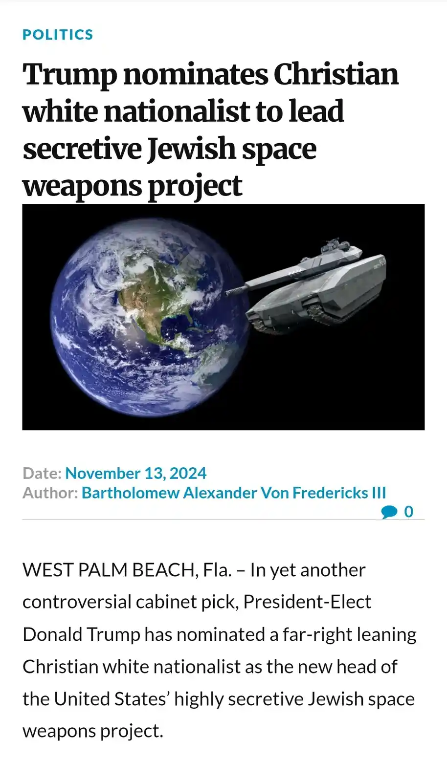 The image displays a satirical news article with a headline and byline, featuring a photo of Earth with a tank floating in…