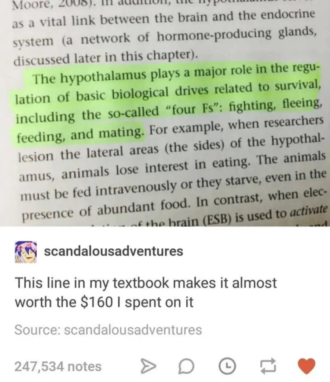 A textbook page with a paragraph about the hypothalamus and its role in regulating biological drives, specifically…