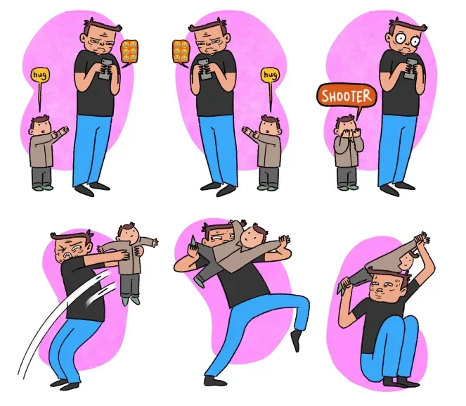 A six-panel comic strip shows a man ignoring his child's request for a hug while glued to his phone. The child then shouts…