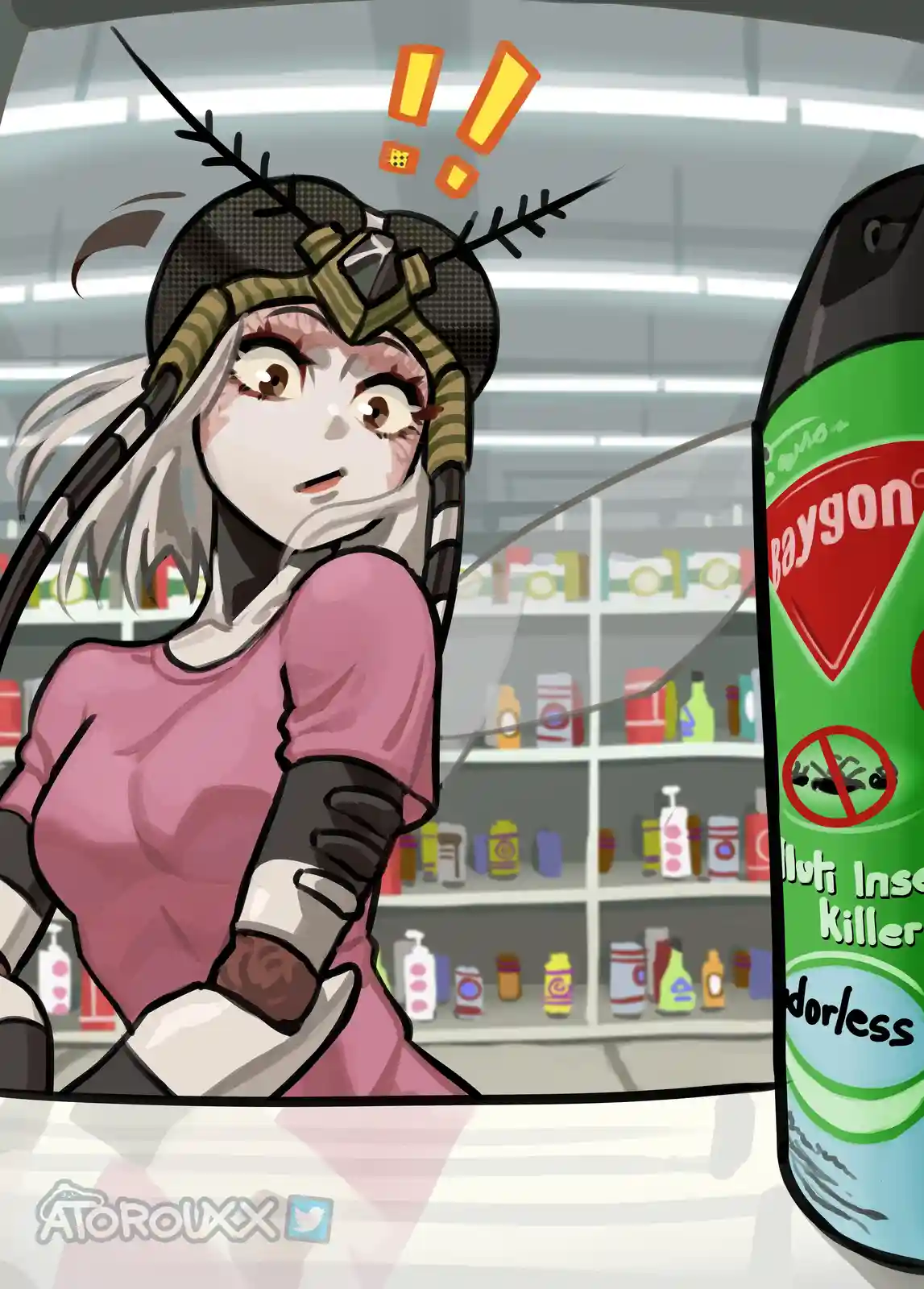An anime-style woman with insect-like antennae and a shocked expression stands in a store aisle, staring at a large green…