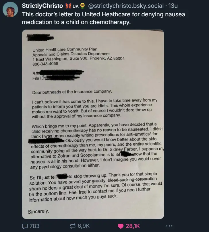 A letter from a doctor to United Healthcare's Appeals and Claims Disputes Department, visibly angry and sarcastic…