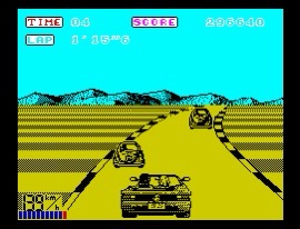 A screenshot of the 1980s arcade game 'Turbo' shows a yellow highway with three cars racing toward the viewer. The…