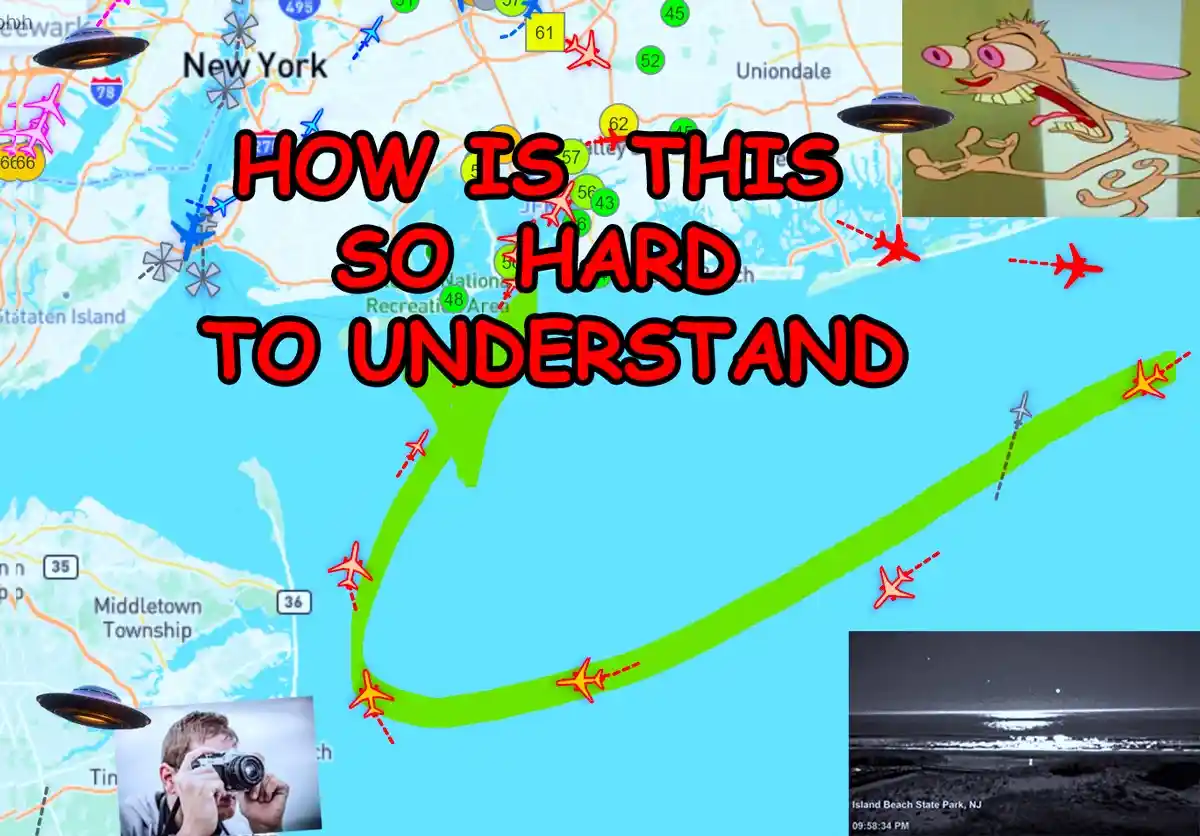 A map of New York and surrounding areas shows a bright green flight path that loops around Long Island, with numerous red…