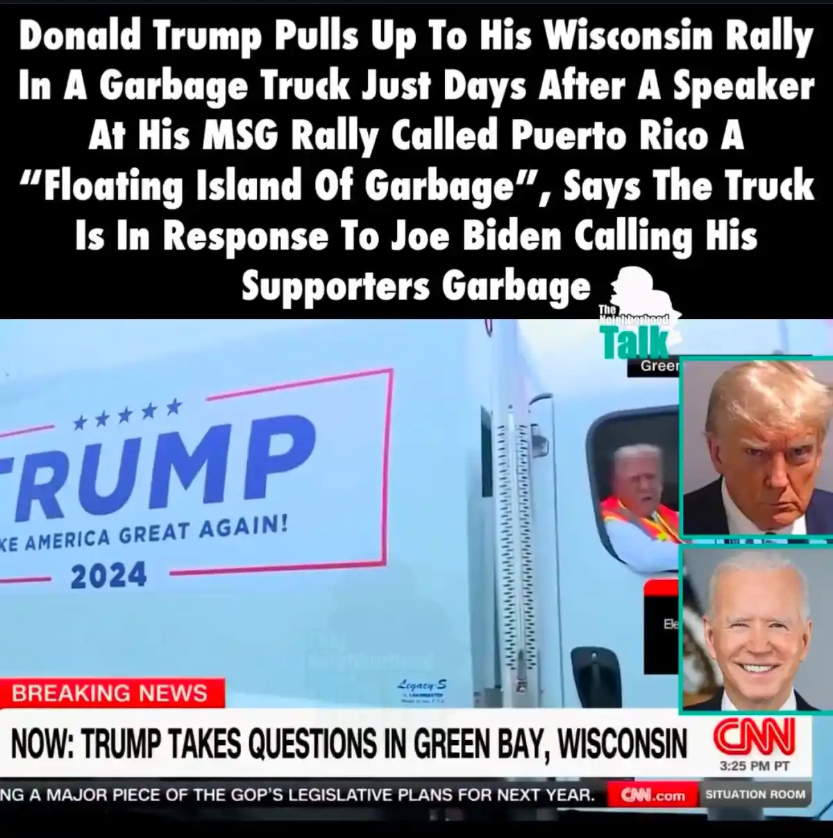 A CNN news broadcast image shows Donald Trump in a garbage truck at a rally, with 'TRUMP MAKE AMERICA GREAT AGAIN! 2024' on…