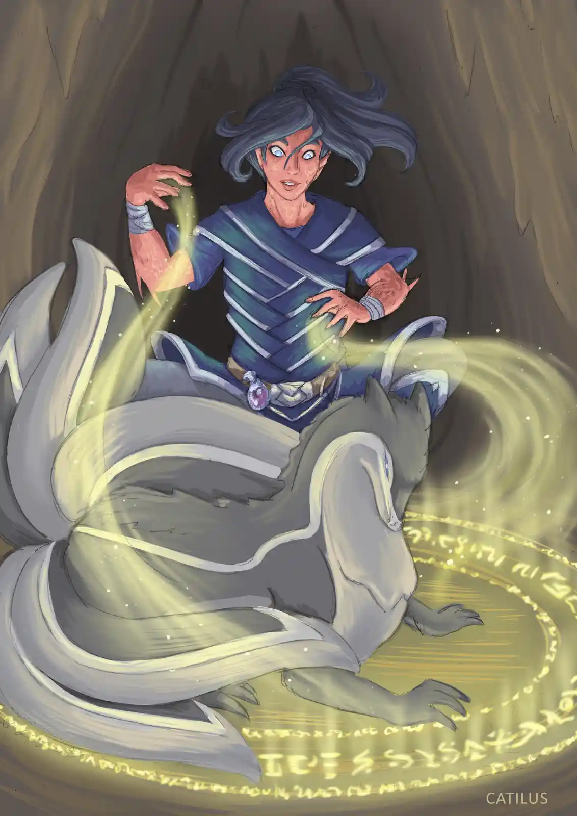 A person with blue hair and pointed ears sits atop a large, grey, fox-like creature with nine tails, both surrounded by…