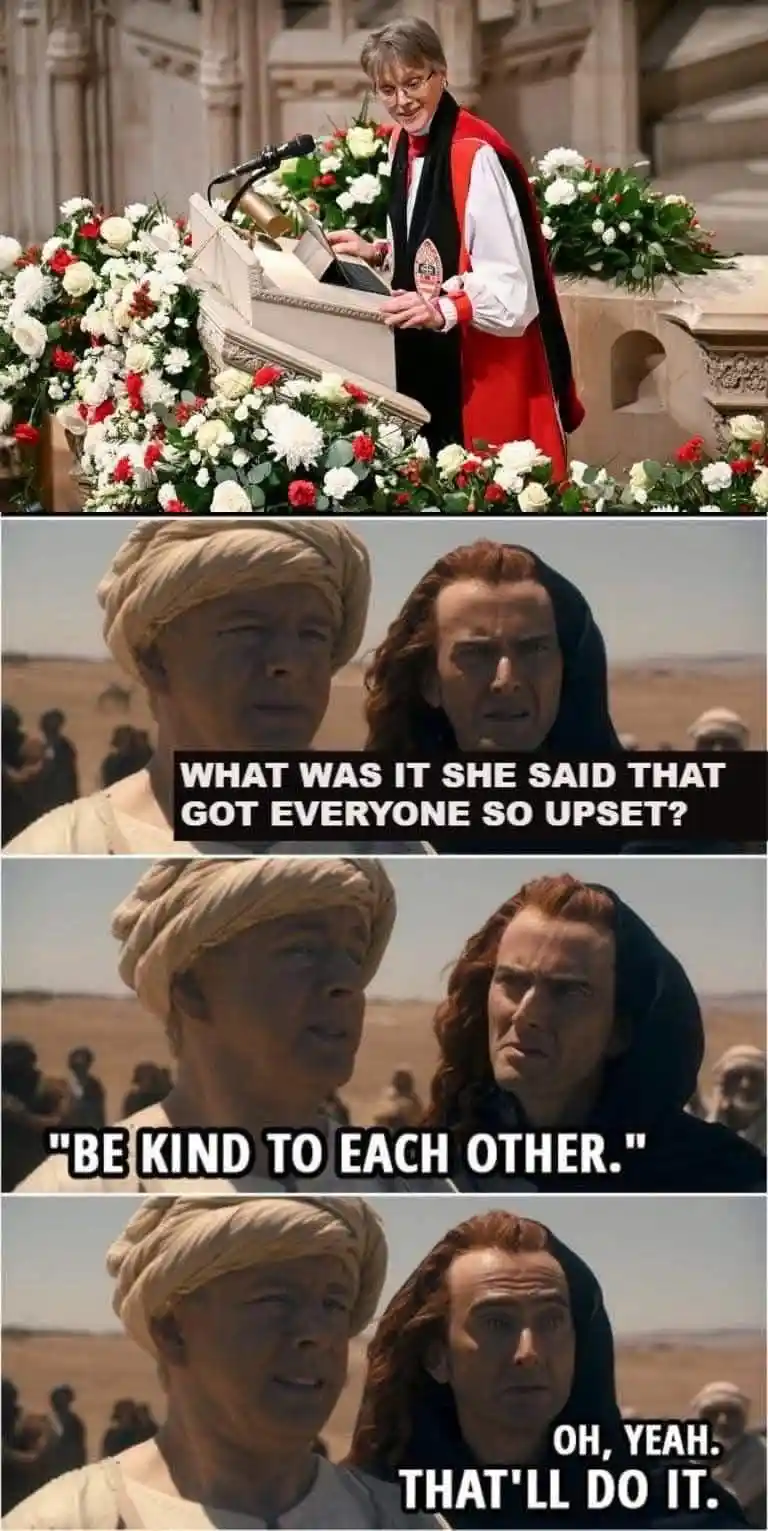 The meme features four panels: the top shows a woman in academic robes speaking at a podium surrounded by flowers. The next…