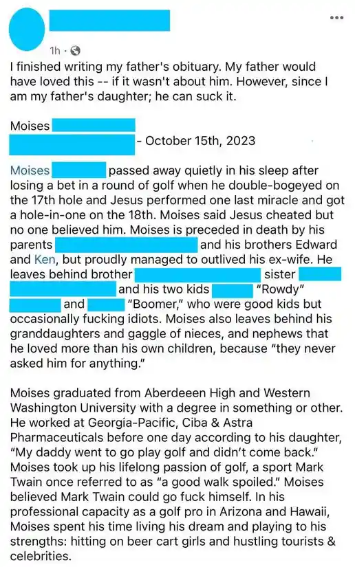 A screenshot of a social media post showing a satirical obituary for 'Moises,' written by his daughter. The text humorously…