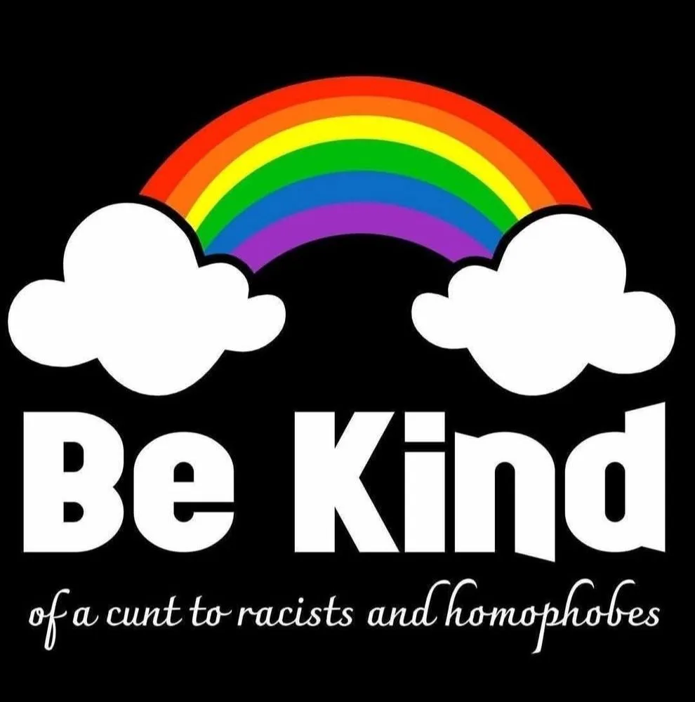 A black background features a cartoon rainbow arcing over two white clouds. Below, large white text reads 'Be Kind', with…