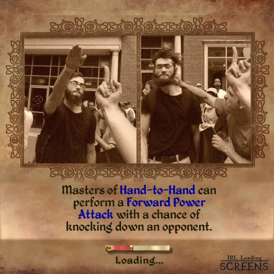 A sepia-toned image shows two side-by-side photos of a bearded man in a crowd, both with his hand raised in a finger gun…