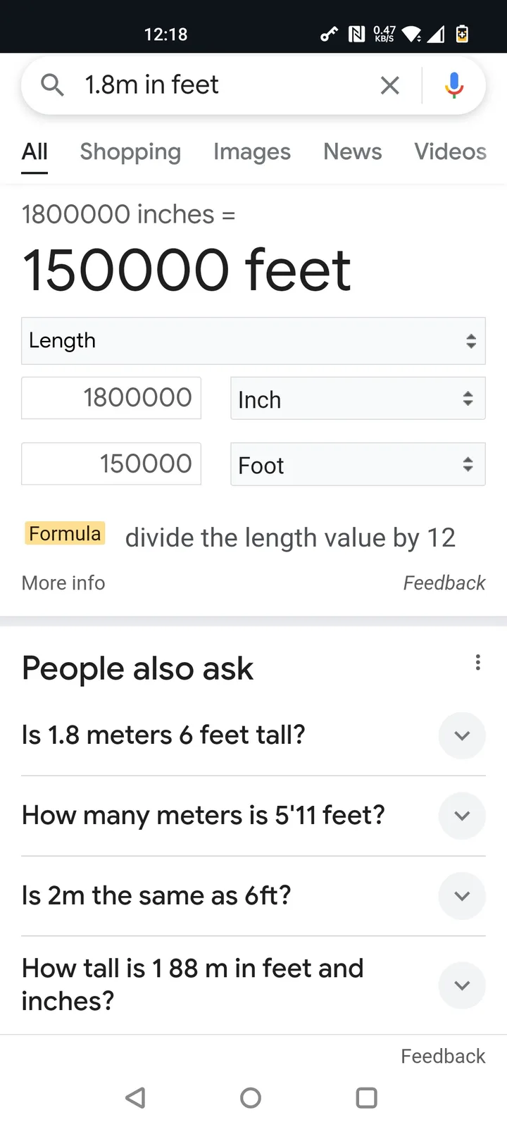 A smartphone screenshot of a Google search for '1.8m in feet' showing a conversion tool that incorrectly calculates 1.8…