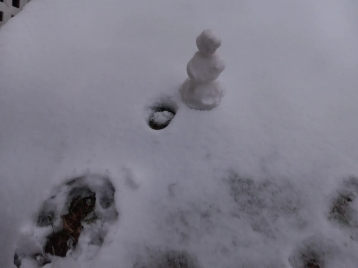 A small, three-tiered snowman stands in a snowy yard next to a single, distinct footstep and several other less defined…